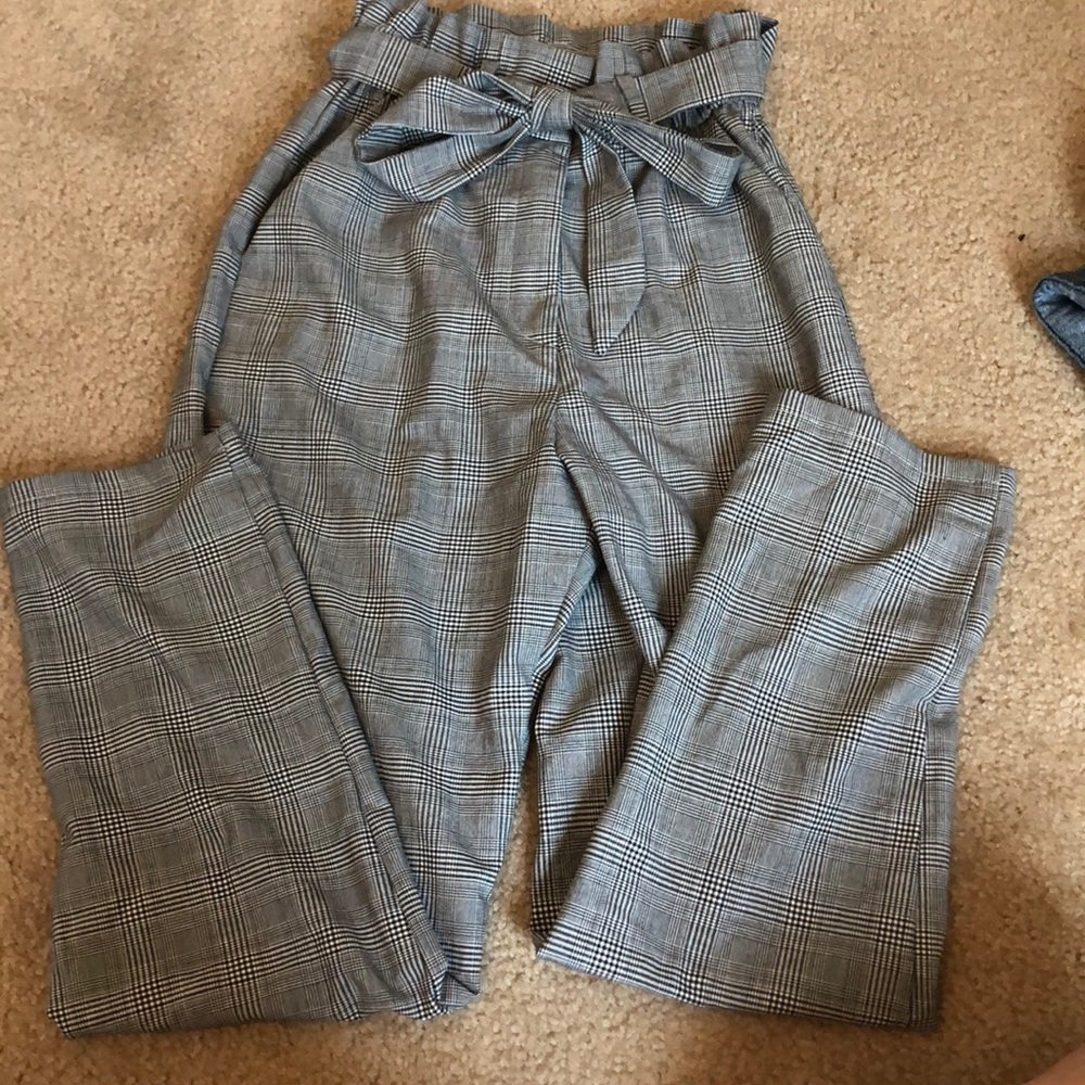 h&m plaid straight leg paperbag waist pants